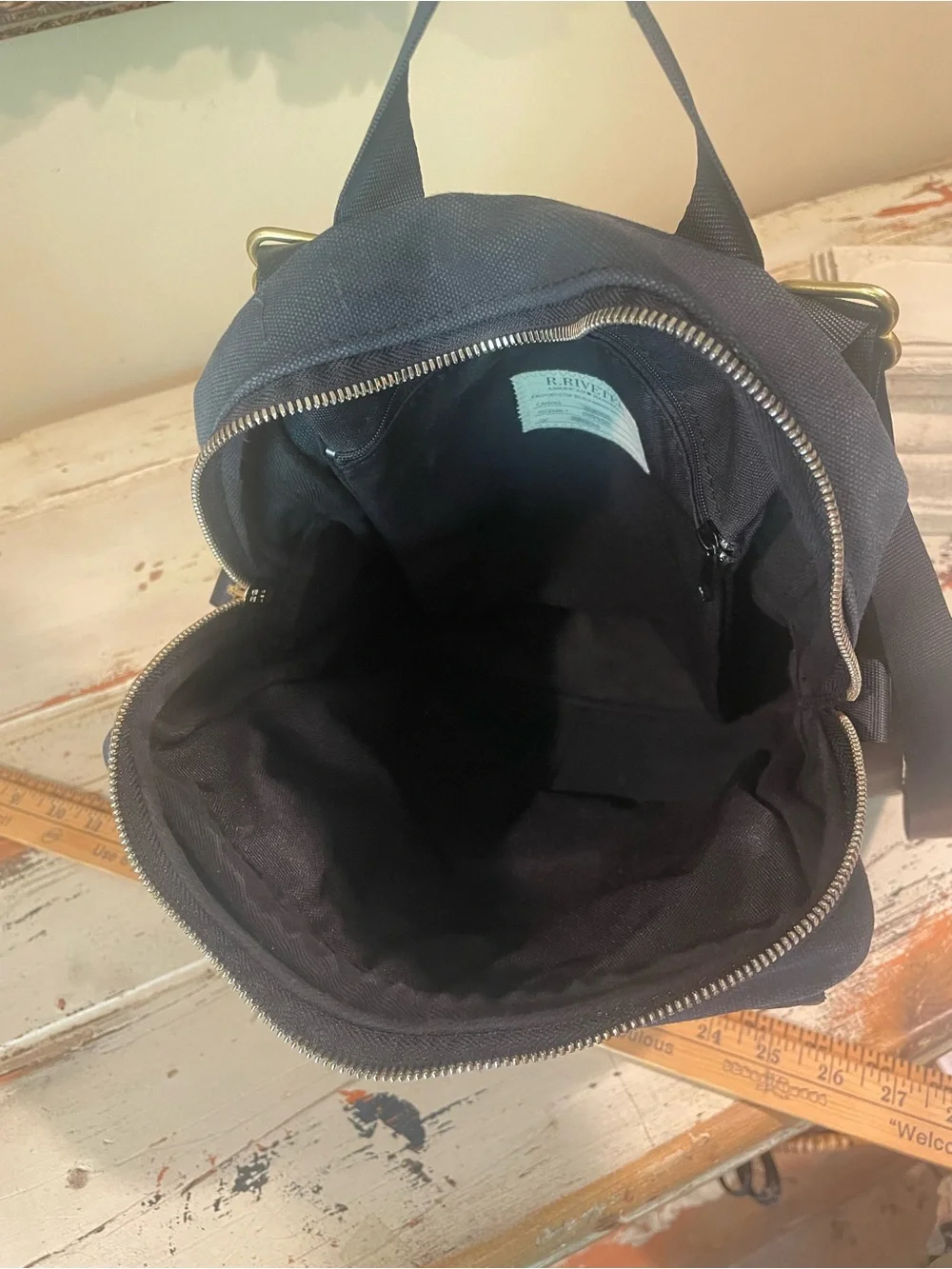 R. Riveter Navy and Black Canvas Leather-Trim Backpack